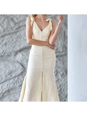 Cream Button Detail Fitted Jacquard Dress | MOFT | Large | NWT | SKU63